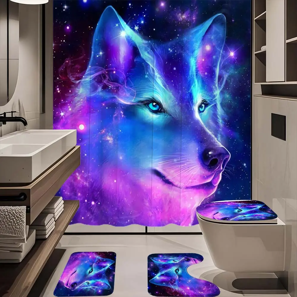 4pc wolf pattern bathroom set in the Milky Way, The 4-piece set includes a single shower curtain, anti slip floor mat, toilet U-shaped mat, toilet lid mat, with shower curtain hook, and belongs to bathroom decoration products