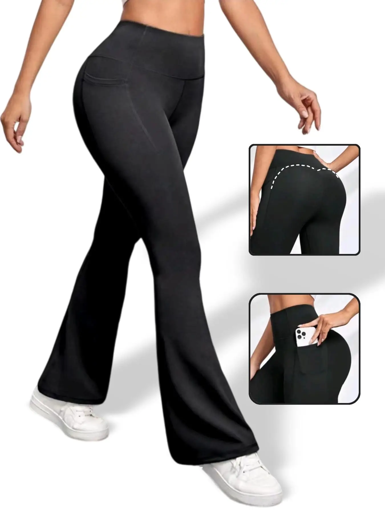 Women's Plain High Waist Flare Leg Sports Pants, Casual Sporty Comfy Pocket Design Bell Bottom Trousers for Yoga Gym Workout Running, Airport Outfit,