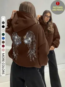 Women's Casual Loose-Fit Hoodie, Wing Printed Design, Thick Fabric, All-Season Wear, Perfect for Home & Daily, Homewear