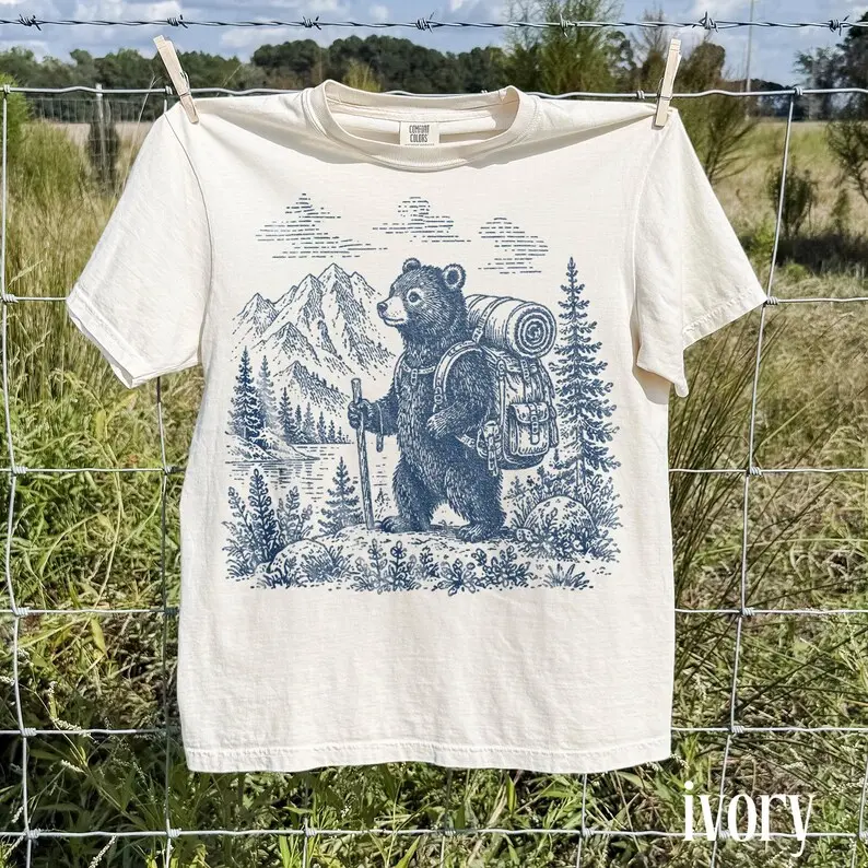 Comfort Colors Vintage Hiking Bear Graphic Tee, Woodland Adventure Camping T-Shirt, Nature Lover Outdoor Top, Wildlife Gift