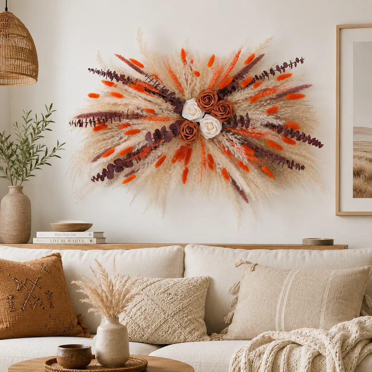 DIY Dried Flower Wall Decor Kit - Boho Pampas Grass Wall Hanging Backdrop, Autumn Floral Wreath with Roses, Eucalyptus, Bunny Tail Grass for Living Room, Bedroom Home Decor, Farmhouse, Entryway