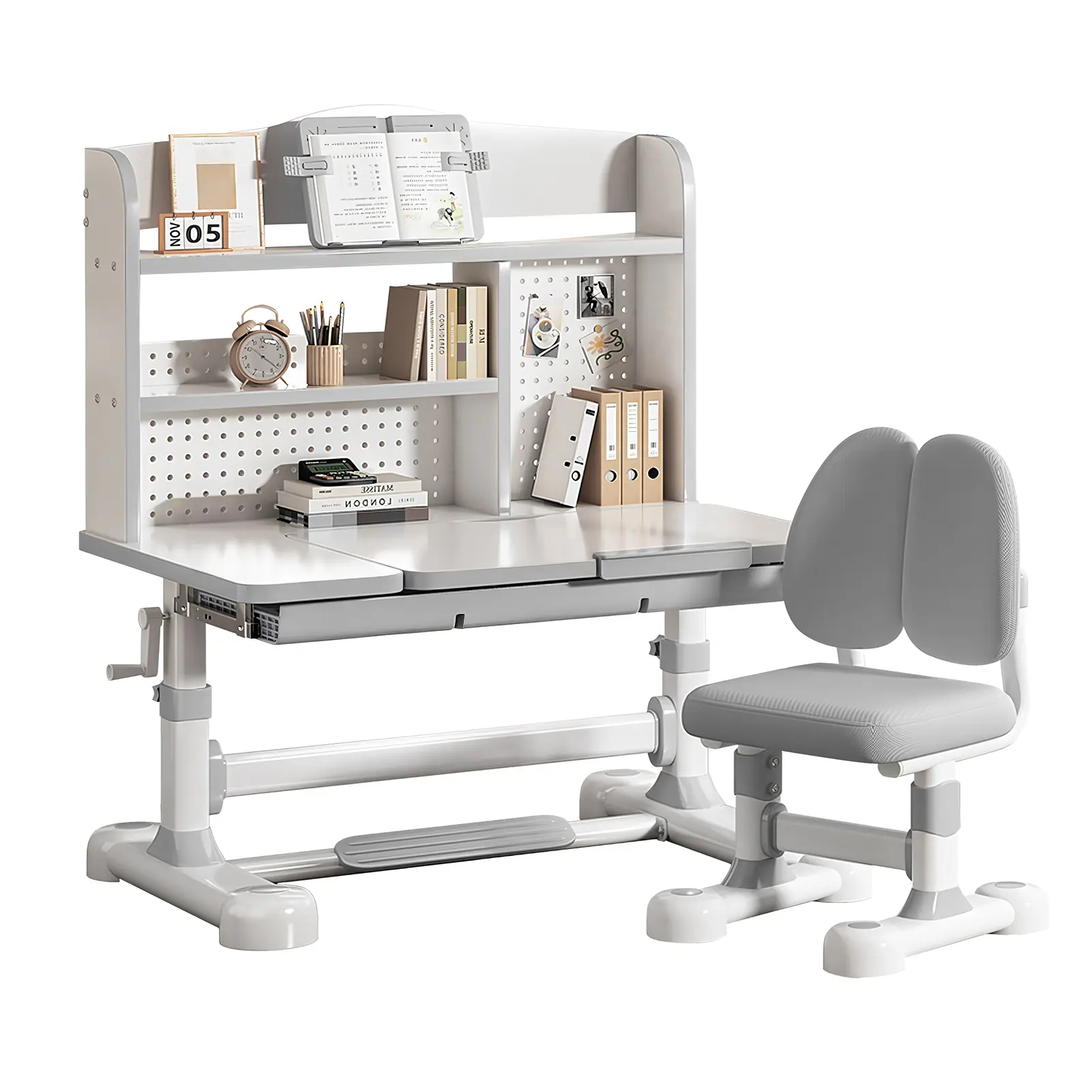 Kids' Height-Adjustable Ergonomic Study Desk and Chair Set - Sturdy School Furniture Workstation with Tiltable Reading Plate, Hand-Cranked Lift, Large Storage Drawer, Bookshelf for Homework, Art Projects, Iron, 300 Pounds