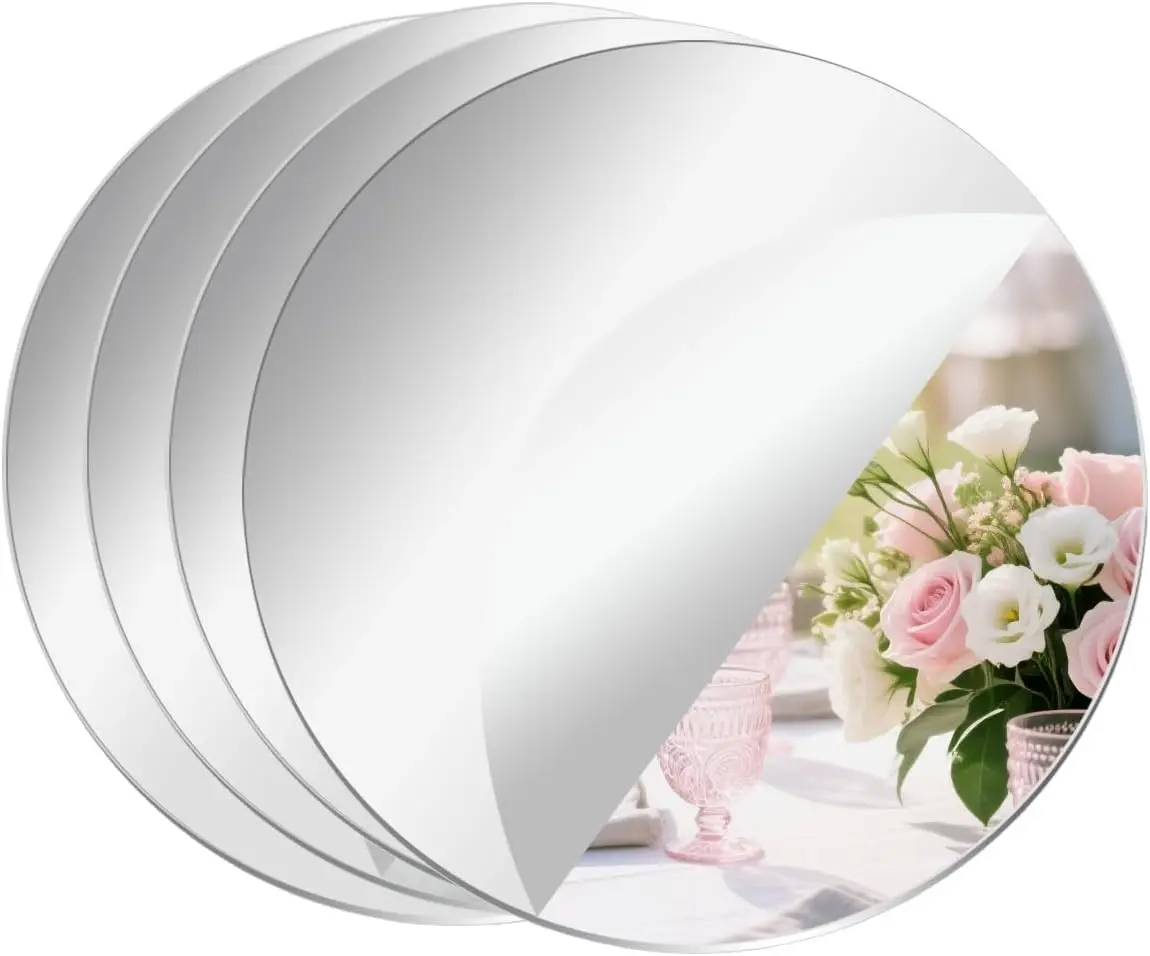 4 Pcs Acrylic Round Mirrors, 8 inch Mirror Centerpieces for Tables, Circle Mirror Tiles Self Adhesive Mirror Stickers for Wall Home Living Room Bedroom Decor(Thickness 2 mm) (8 inch/20cm)