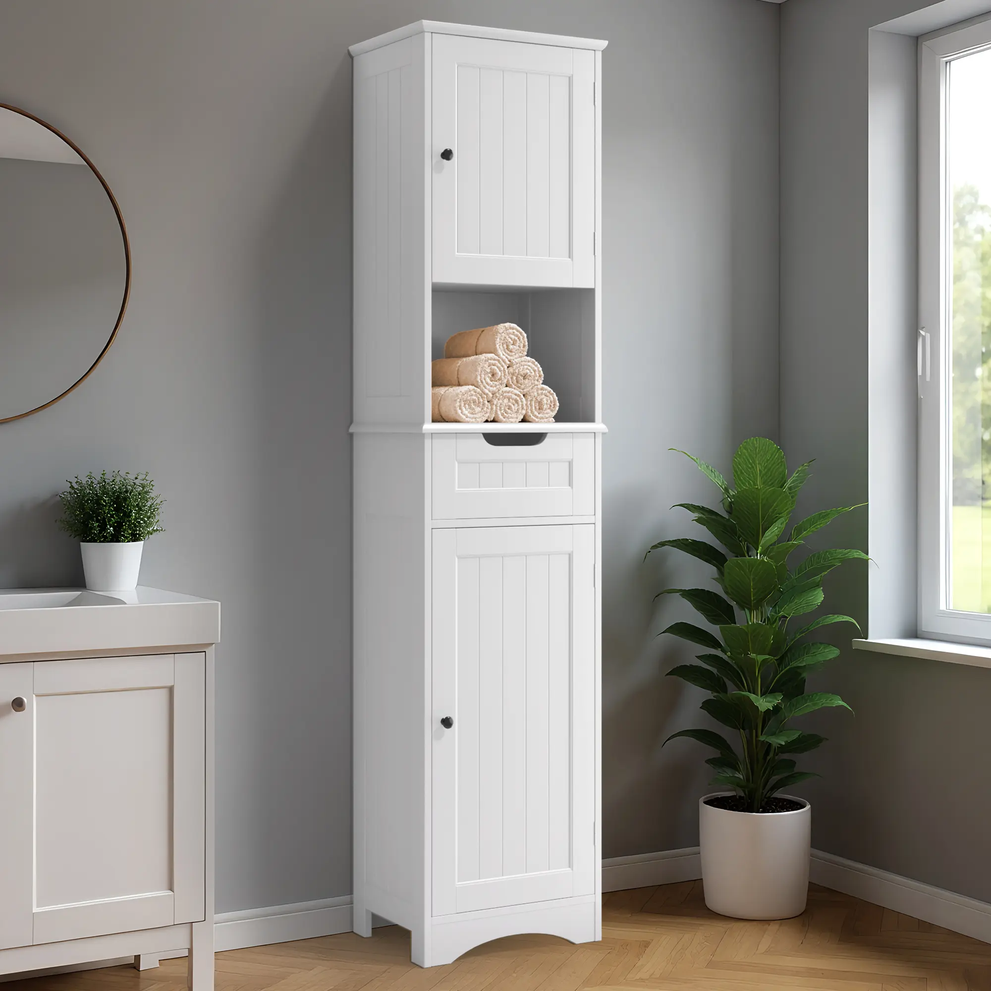 Gizoon 67" H Sturdy Narrow Cabinet Bathroom Furniture, Freestanding Towel Cabinet with Adjustable Shelves, 2 Doors, 1 Drawer, 5 Compartments, Organizer Box, Installation Kit, for Household Small Spaces (Requires Setup)