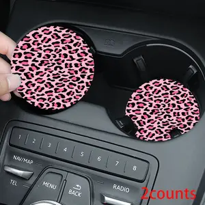 2pcs Non-Slip Car Cup Coasters, Pink Leopard Print Absorbent Mats, Universal Auto Interior Decor Accessories for Most Cars