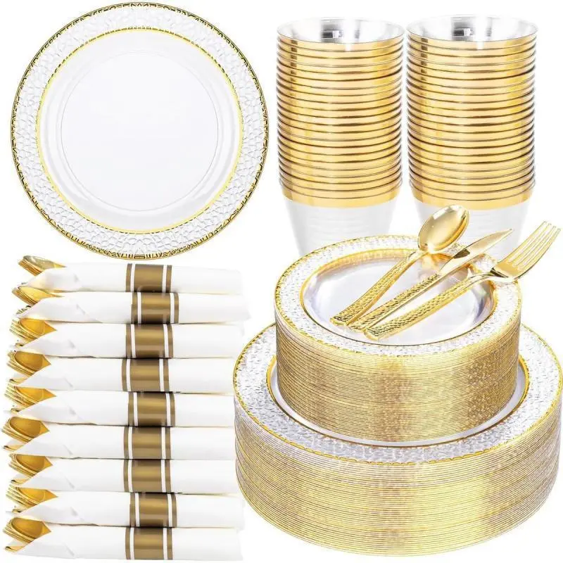 350PCS Clear Plastic Plates with Gold Trim for 50 Guests, Disposable Dinnerware Set for Wedding & Thanksgiving, Includes 100 Plastic Plates, 50 Pre Rolled Napkins with Gold Silverware, 50 Cups