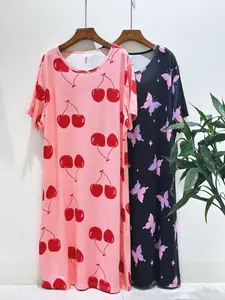 [2pcs] Women's Plus Size Butterfly Cherry Print Sleepwear Set, Casual Comfort Round Neck Short Sleeve Pajamas, Women‘s Summer Dress, Plus Size Nightgown, Mother's Day Gift