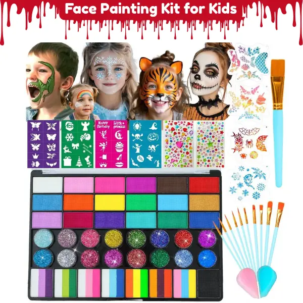 Face Painting Kit for Kids, Professional Non-Toxic Water Activated Face & Body Paint with Brushes, Stencils, Sponges & Gems for Halloween, Birthday Parties & Cosplay