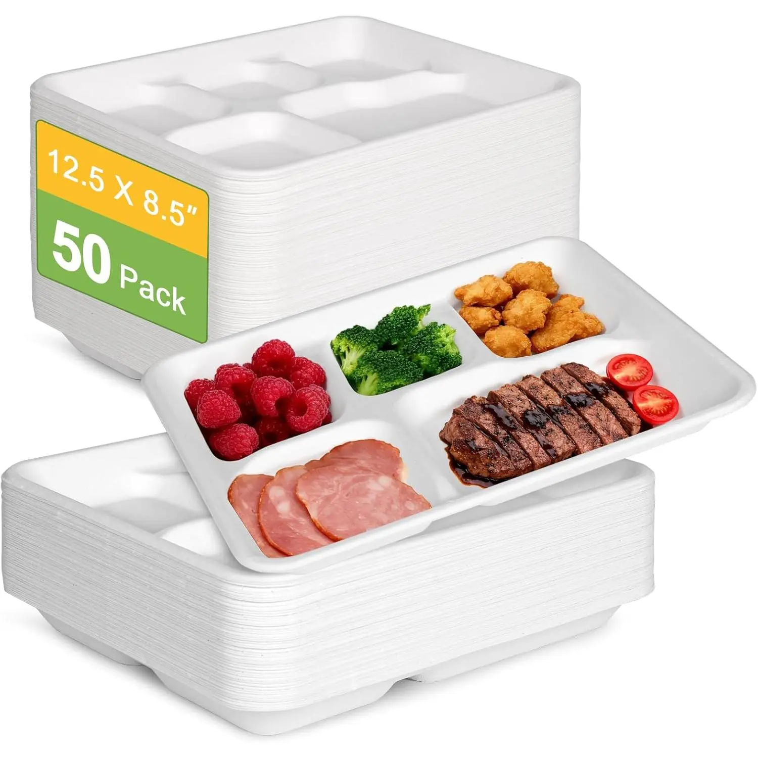 Eco-Friendly Compostable 5-Compartment Disposable Paper Plates, 12.5x8.5in Pack of 50 Heavy-Duty Plant Fibers Divided Trays, Leak-Proof Sturdy Tableware for Kids Adults School Lunches & Parties, White Large Home/Festive Use