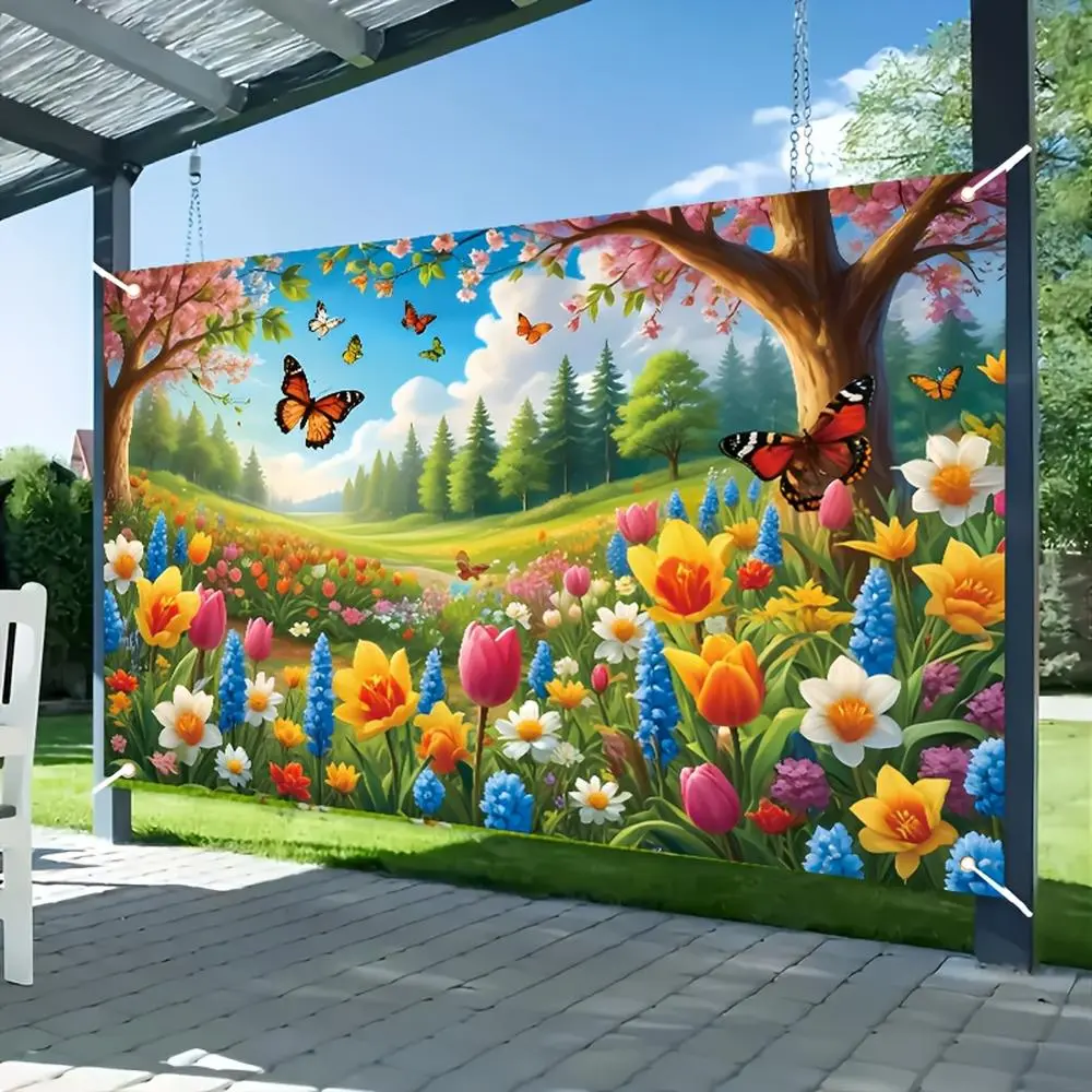 1pc 2D Flat Polyester Standing Banner - Vibrant Spring Flowers & Butterflies Floral Print, Large Party Decoration Supplies, Wall Hanging Backdrop for Indoor/Outdoor Birthday Parties