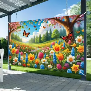 1pc 2D Flat Vibrant Spring Flowers & Butterflies Polyester Banner - Large Outdoor/Indoor Home Decor, Colorful Floral Landscape with Blooming Tulips, Roses, and Lush Greenery, Perfect for Party Backdrops & Seasona