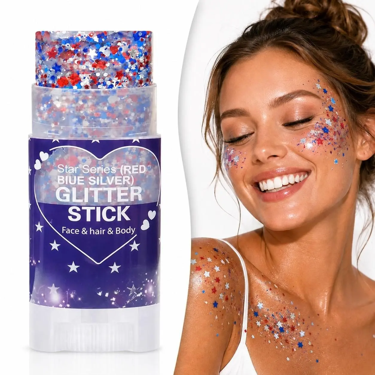 4th of July Red White Blue Face paint glitter stick, shimmering body glitter, patriotic American flag star shaped face body glitter, July 4th accessory, 250th anniversary decoration, Shimmering Body Makeup, Sparkly Glitter Cosmetic