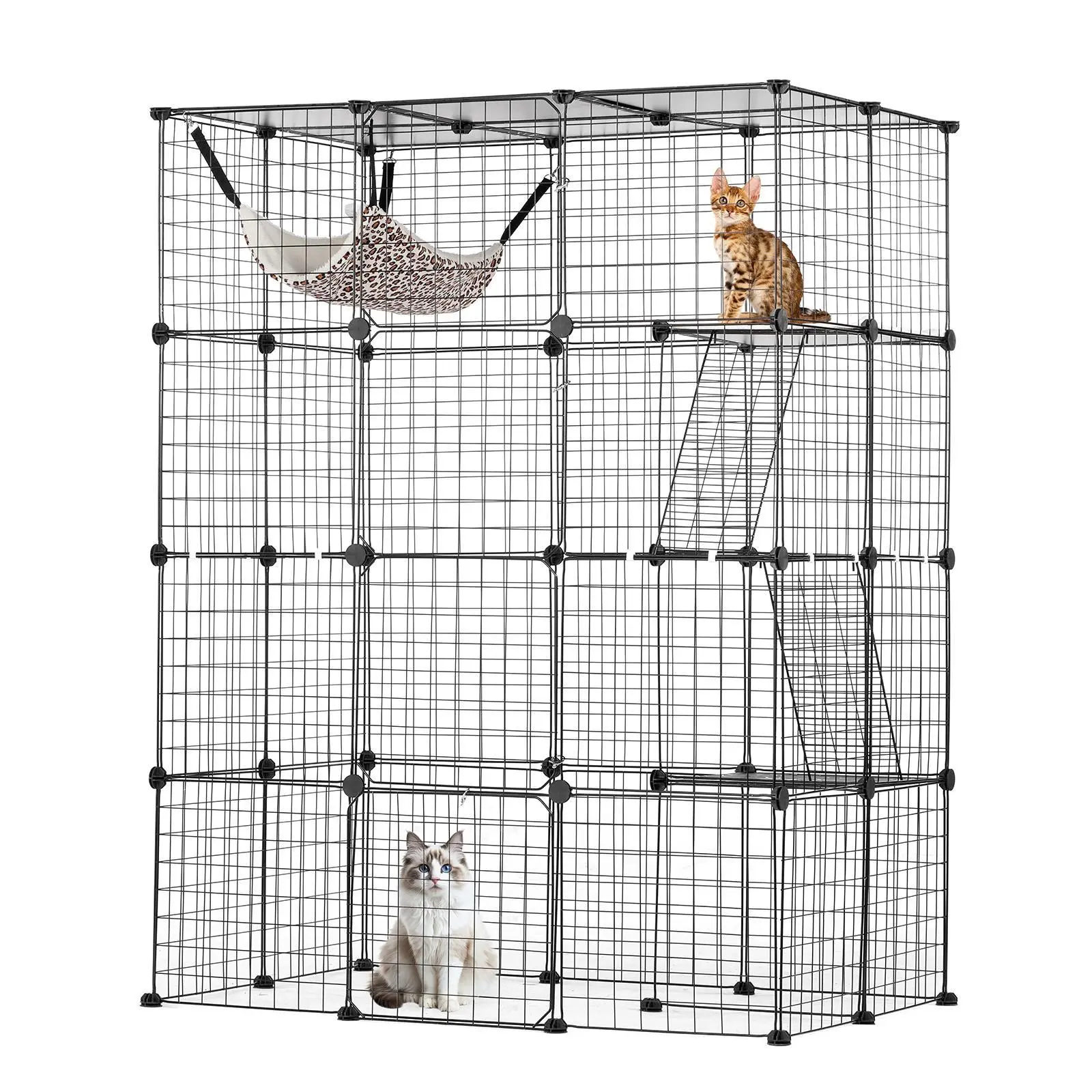 【SummerFinds】VEVOR 4-Tier Steel Cat Crate Kennel, 41x28x55in Collapsible Metal Wire Enclosure DIY Kit with 4 Front Doors, Hammock, Ramp, Ladders, Mesh, Detachable Parts, Solid Panels, Exercise Space, Secure Indoor-Patio Home for Kitties, Black, Ample Room