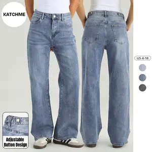Katch Me Chic Women's Basic High Waist Multi-Pocket Adjustable Button Wide Leg Jeans, Simple Style Stretchy Denim Trousers for Daily Wear, Versatile Women's Bottom