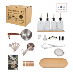 Homestead Syrup Kit for Coffee & More with Recipe Book | Complete Set with 4 Embossed Glass Dispenser Bottles, Stainless Steel Saucepan, Bamboo Tray, Labels, Measuring Cups, Whisk & Strainer for Easy Homemade Syrups | Gift for Coffee Lover