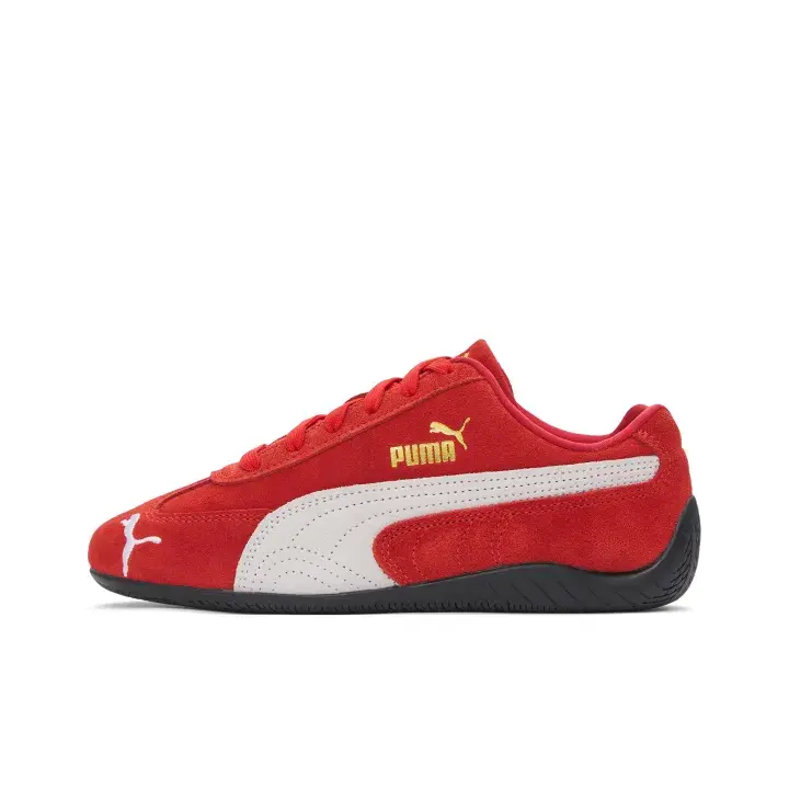 Bright Red Suede Low Top Retro Racing Sneakers Soft Matte Full Suede Upper Large White Stitched Side Formstrip Gold Metallic Logo Flat Red Matching Laces Slim Black Textured Rubber Outsole Unisex Motorsport Street Casual Shoes, Footwear, Streetwear, Walki