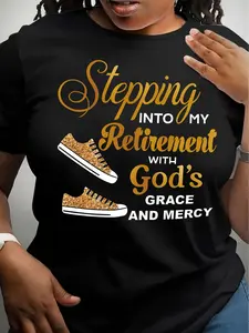 Cotton T-Shirt - Unisex Casual Round Neck Breathable Top with Golden Sneakers Graphic, Religious Christian Senior Retirement Gift ("Stepping Into Retirement with God's Grace & Mercy"), Shortsleeve