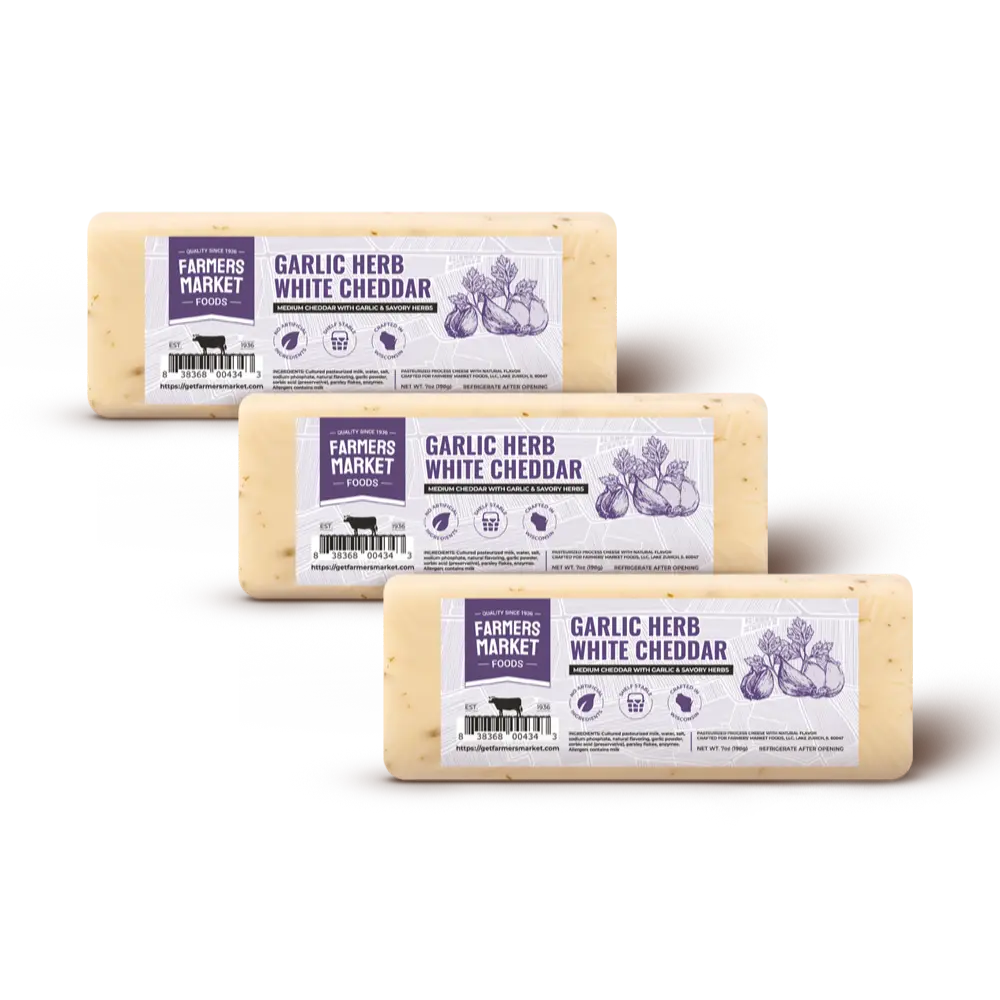 Farmers Market Wisconsin Cheese Blocks 3 Pack - Garlic Herb White Cheddar Cheese, Gluten Free Keto Paleo Friendly, Zero Sugar Low Sodium Gourmet Snack Cheese,Artisan Cheddar Set Baking Natural Dairy