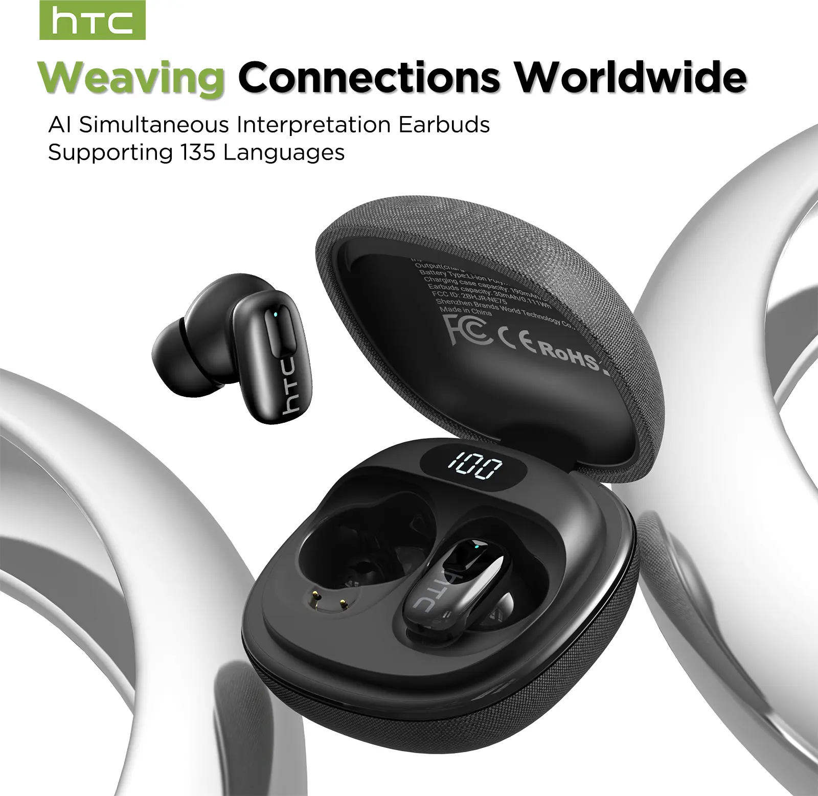 HTC NE75 Wireless Earbuds, 40H Playtime Bluetooth 6.0 Headphones, Active Noise Cancelling, ENC Clear Call, HiFi Stereo Sound, IPX5 Waterproof for Sports, Work & Travel
