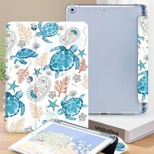 Cute Blue Sea Turtle Ocean Starfish Coral Pattern Tablet Case, Fits iPad 9/8/7/air 5/4-Pro 11/10th Gen, Anti-Drop Protection, Women Girls