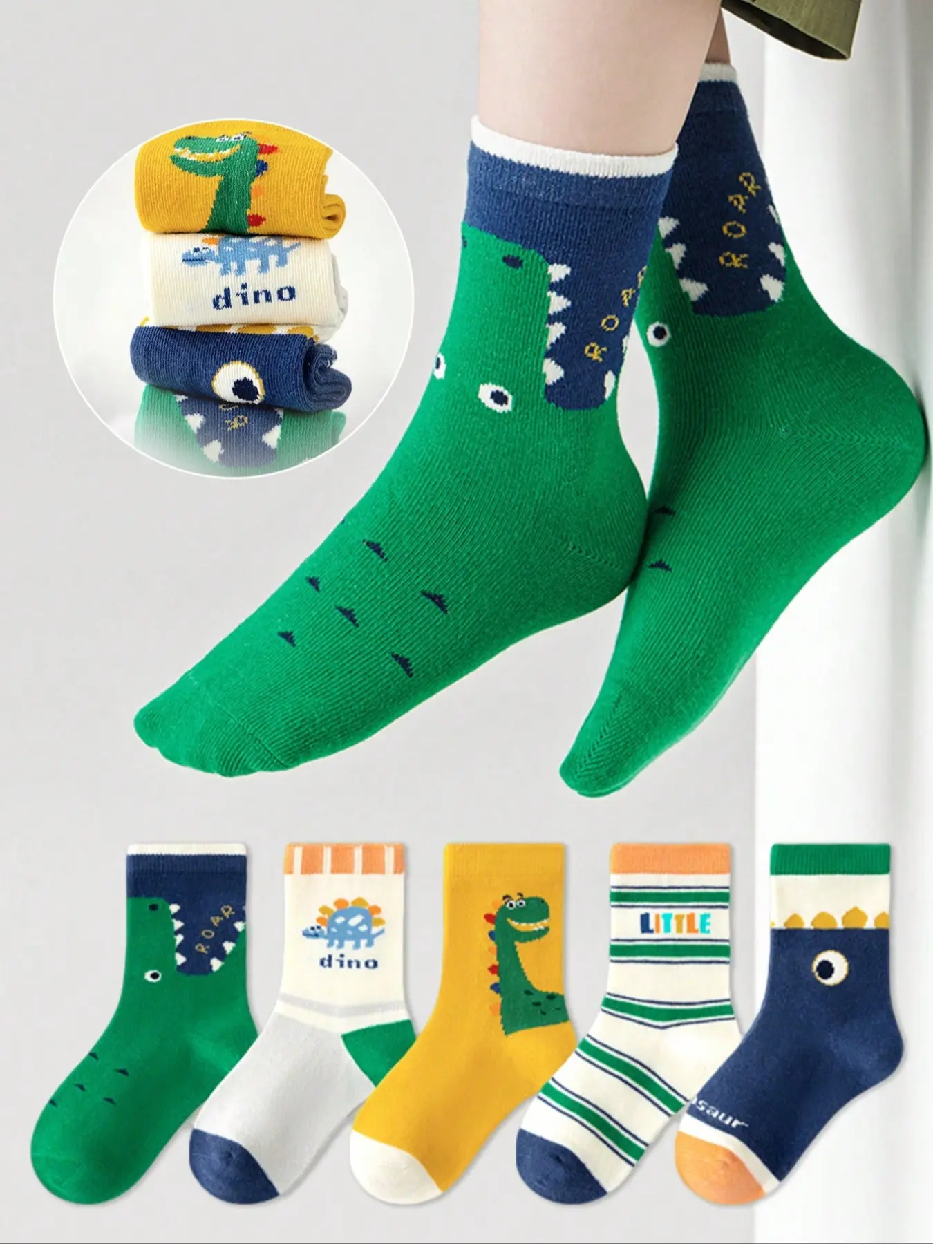 5 Pairs Kids Socks Fun Vibrant Engaging Lively Cartoon Dinosaur Design Pattern Animal Socks, Youth Socks Unisex Mid-Calf Casual Daily Wear All Seasons Use, Trendy Baby Boys Girls Footwear