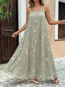 Plus Size Fairy Style Embroidered Floral Lace Sleeveless Dress, Chic Elegant Everyday Casual Daily Wear, Lightweight Breathable Comfortable Loose Fit, Perfect for Dates, Vacations, Parties