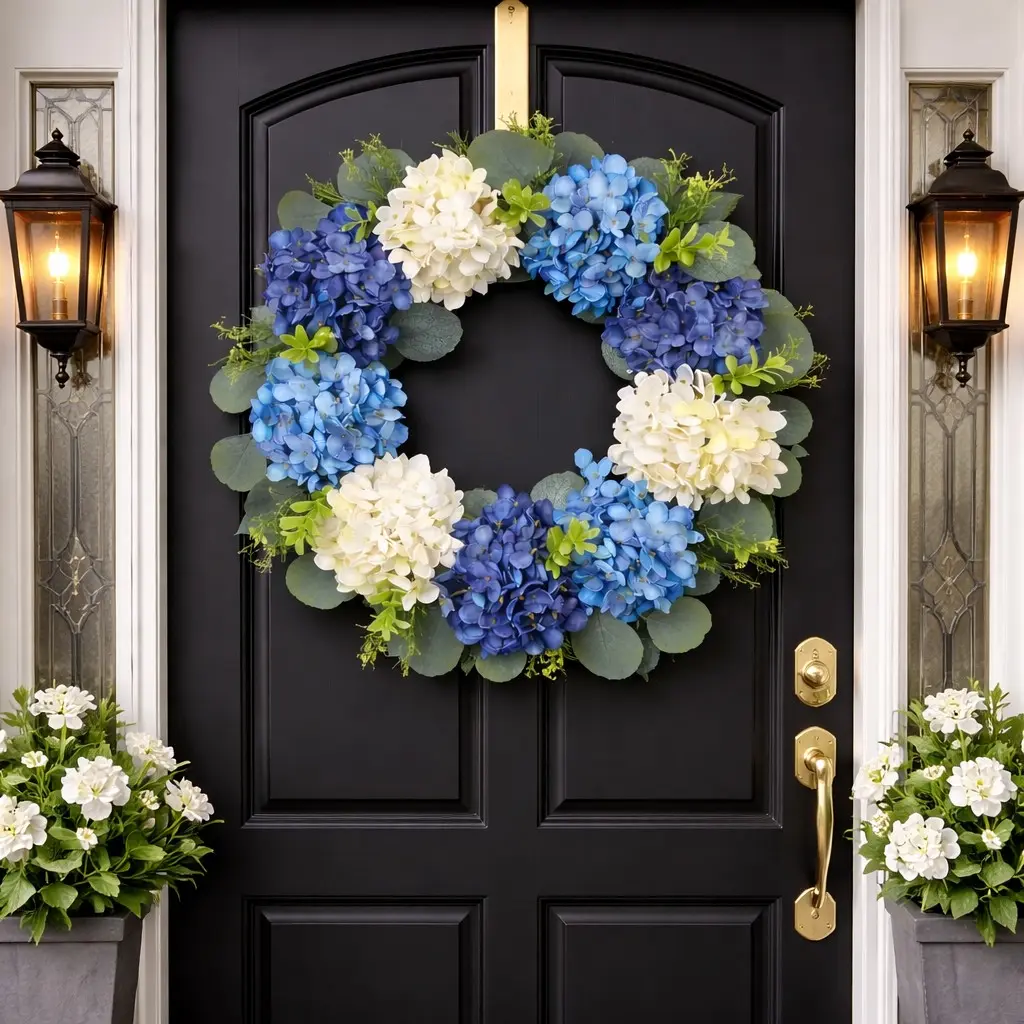 Blue Hydrangea Wreath Door Hanger, Artificial Flower Vine Circle Decor, Home Front Door, Garden Courtyard, Wall Decoration, Wedding Party Gift, Round Wreath