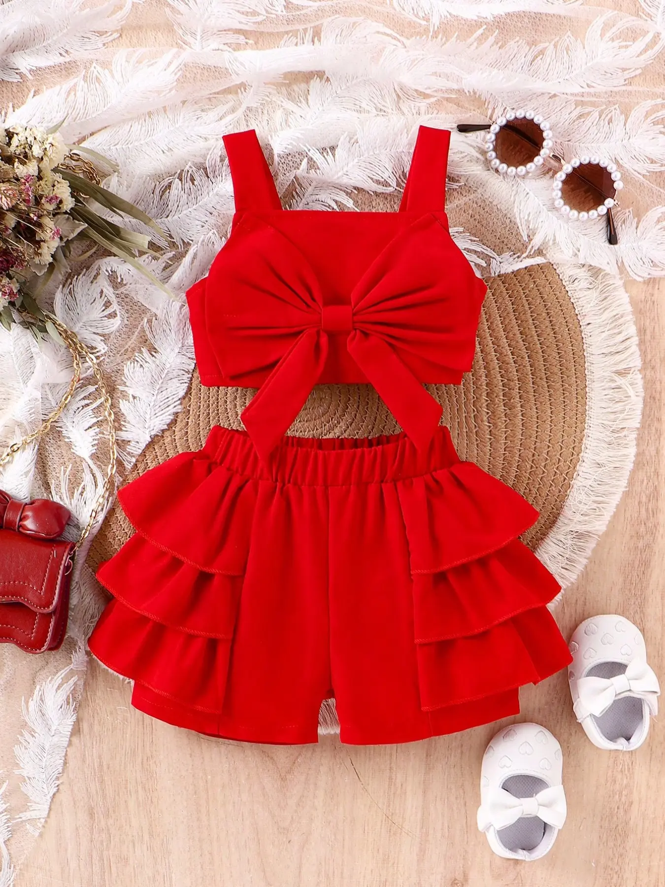 Girls' Butterfly Knot Decor Short Sleeve Top and Shorts Set, Cute Summer Outfits Set for Kids, Comfortable and Stylish Clothing, Clothes Sets