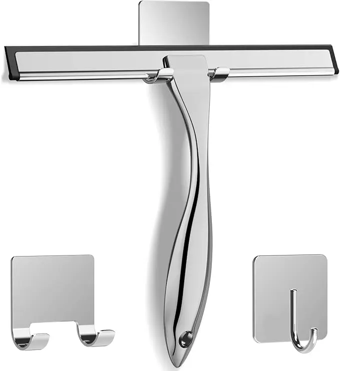 All-Purpose Stainless Steel Shower Squeegee for Shower Glass Door with 2 Adhesive Hooks, Bathroom Cleaner Tool Cleaning Tile Wall,Car, 10 Inch Silver