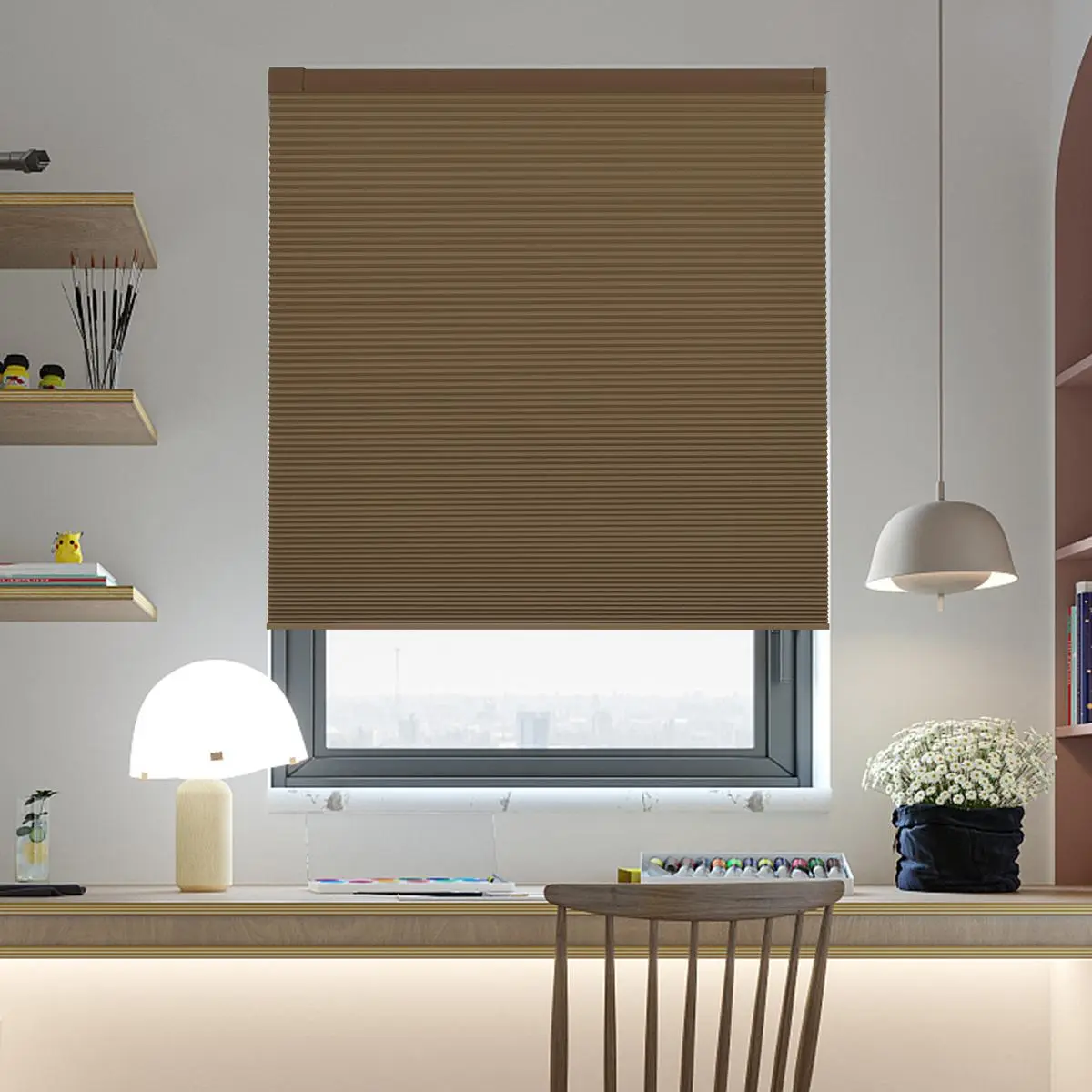 LUX PAN Cordless No-Drill Blackout Honeycomb Vertical Blinds - Lazy Blinds, Custom Sizes, Easy Installation, Child-Safe, Durable Fabric, Blackout Shade for Bedroom, Living Room - Brown, Lazy Blinds No Drill