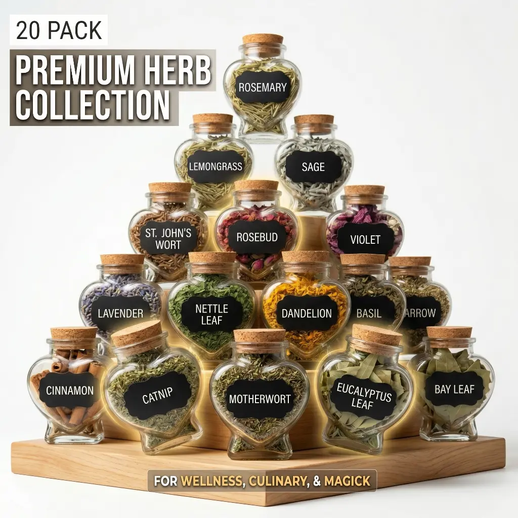 20-Pack Heart-Shape Glass Apothecary Jar Kit Pack with Ethical Genuine Organic Herbs, Scented Botanicals - DIY Candle & Bath Accessory, Vanity or Shelf Display, Best Friend Gift, Witchcraft Altar Decor