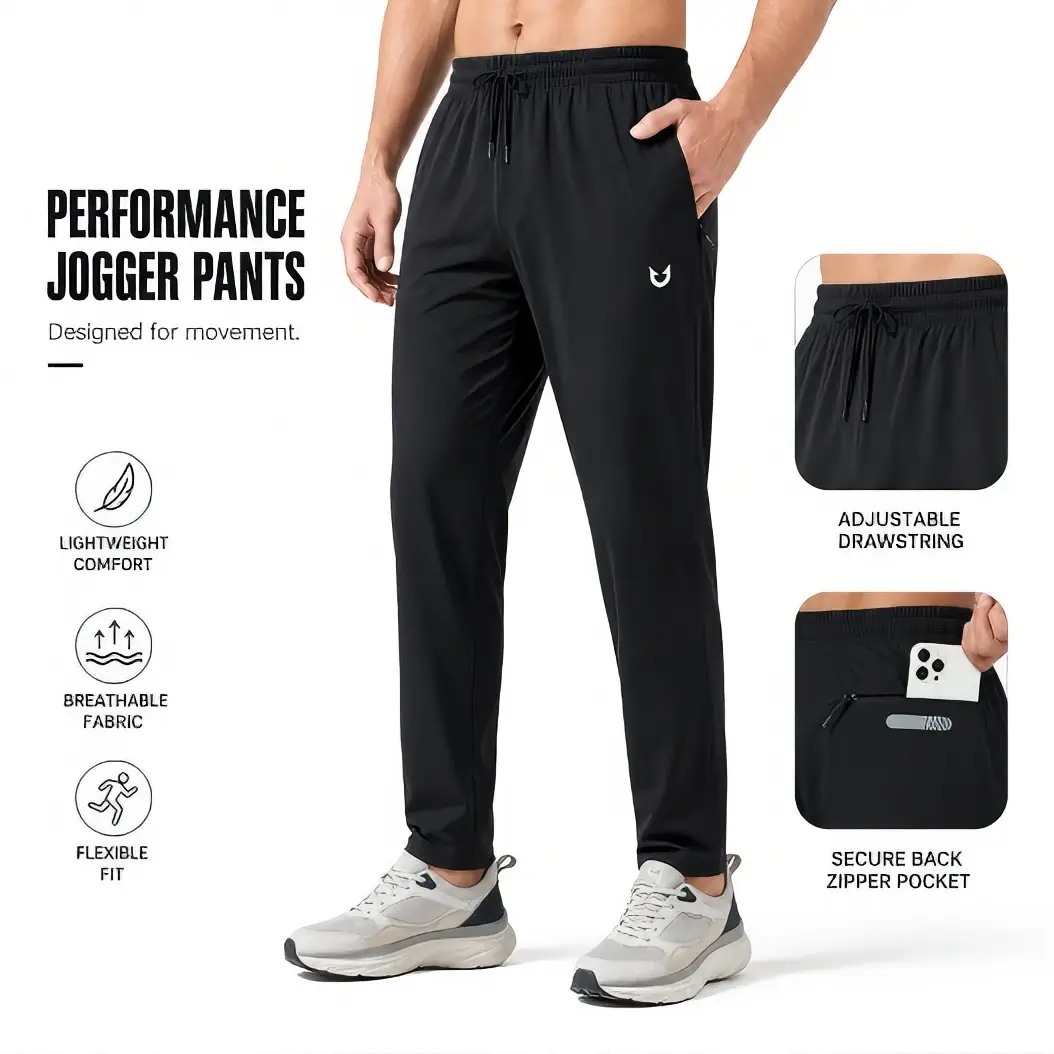 Men's Performance Workout Jogger Pants - Lightweight Gym Training Pants with Breathable Fabric, Stretch Fit, Adjustable Waist & Secure Zipper Pocket