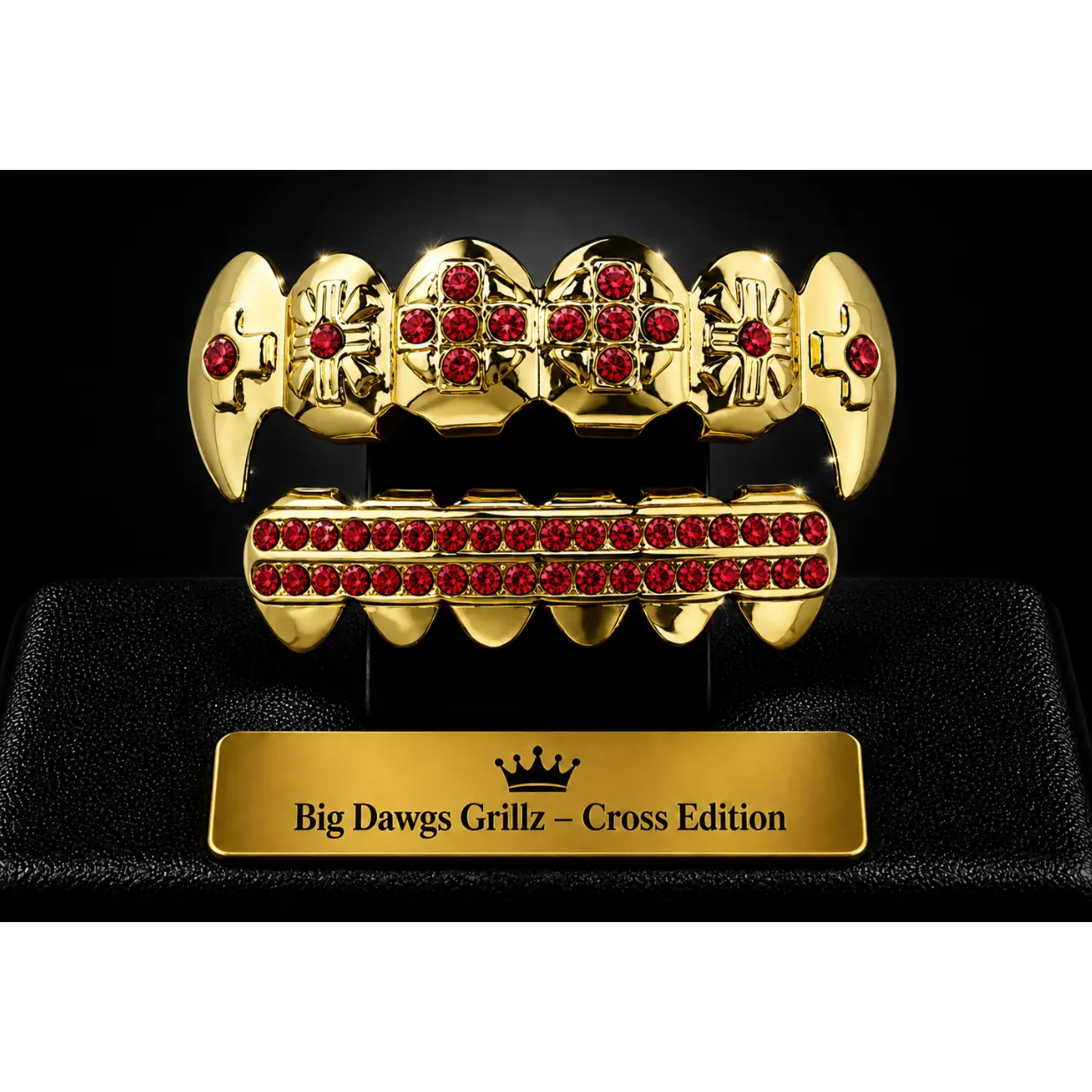 14K Gold Plated Upper & Lower Grillz Cross Fangs Set Iced Red CZ