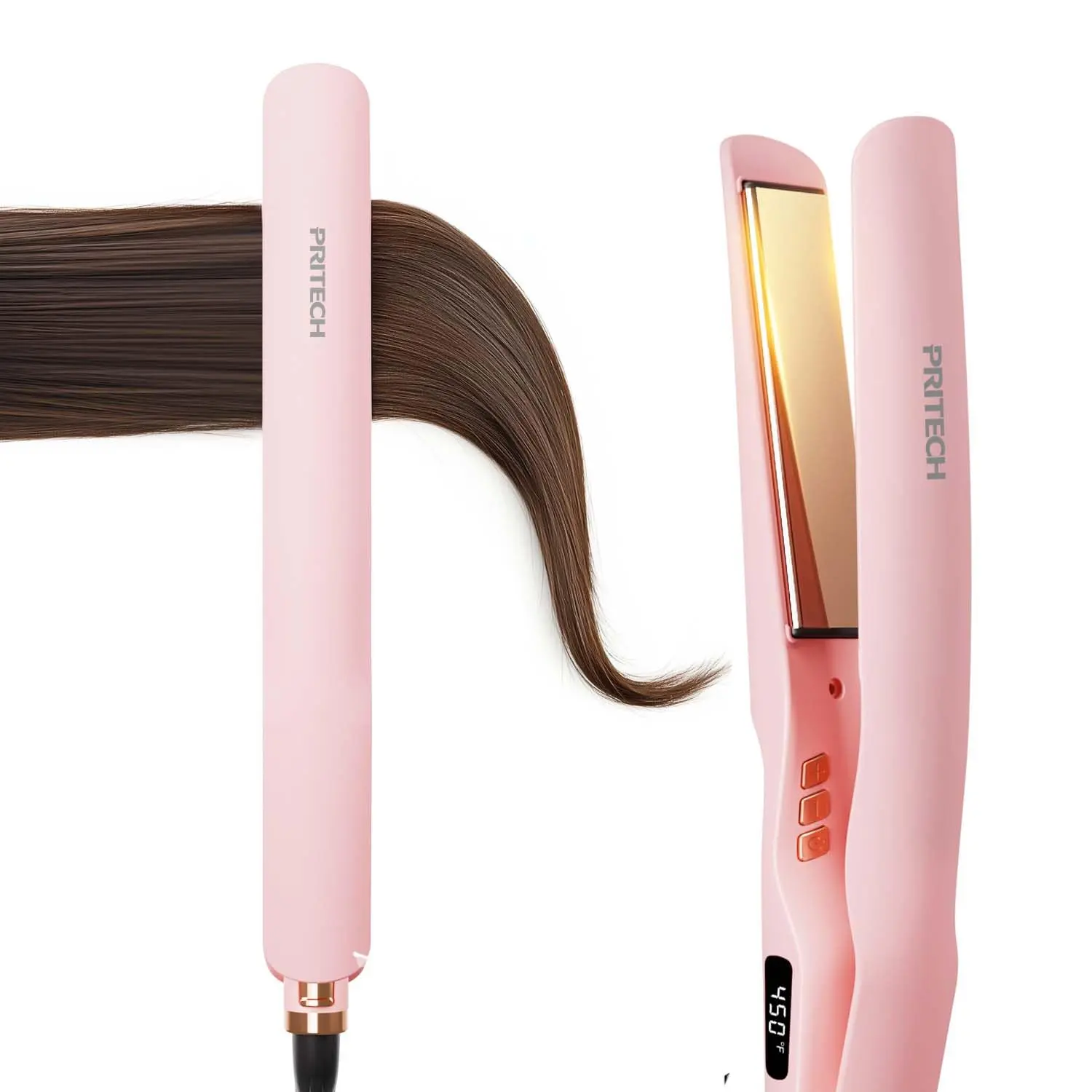 Flat Iron Hair Straightener 1 Inch Titanium - Fast Heating Pink Hair Straightener， Negative Ions Flat Iron 12 Temp (230°F-450°F), Auto Shut Off, Temp Memory & Dual Voltage for Smooth Silky Hair