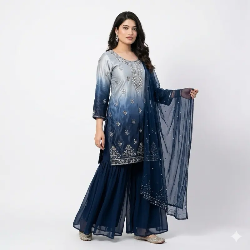 Sharara Suit for Women - Embellished Red Velvet 3-Piece Set with Matching Dupatta for Festive Party Wear, Lady, Full Sharara Set, Original