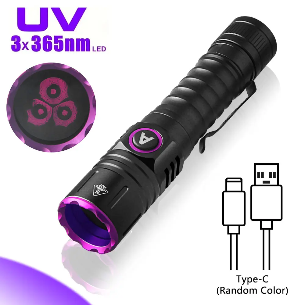 VASTFIRE 5W 365nm UV Rechargeable Flashlight, Professional Black Light Flashlight Lights for Leak Detection & Jewelry Authentication, Type-C Charging, Fixed Focus, 2-Pack, Rechargeable Flashlights