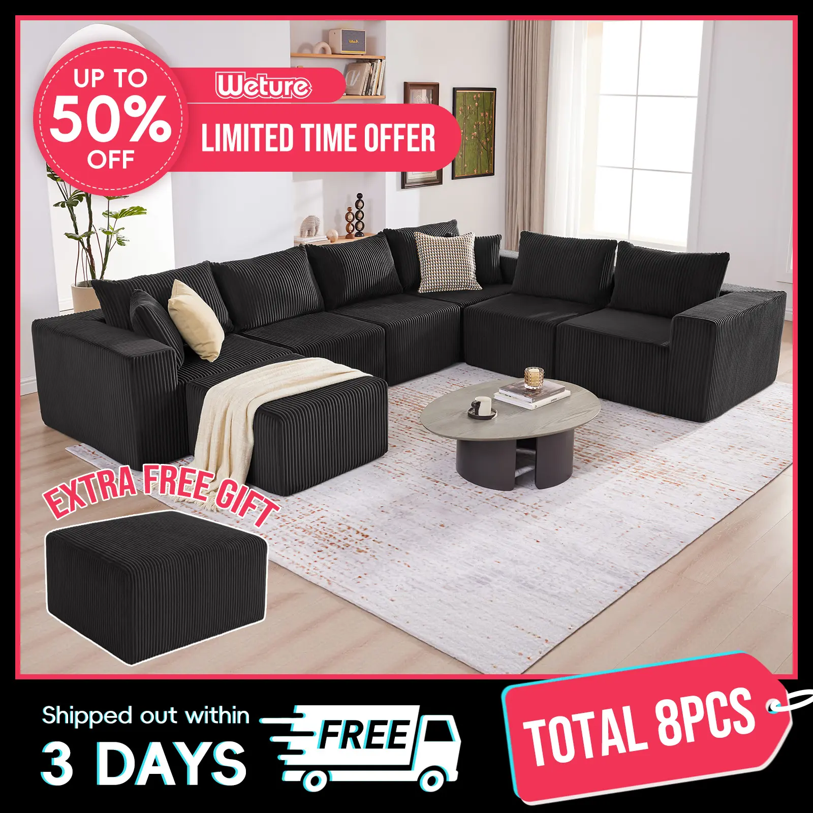 【4 packages】135.4" Cloud Couch Sectional, Sectional Sleeper Sofa with Deep Seat, Plush Corduroy U Shaped Boneless Couch, Convertible Modular Couches for Living Room, 7Seat