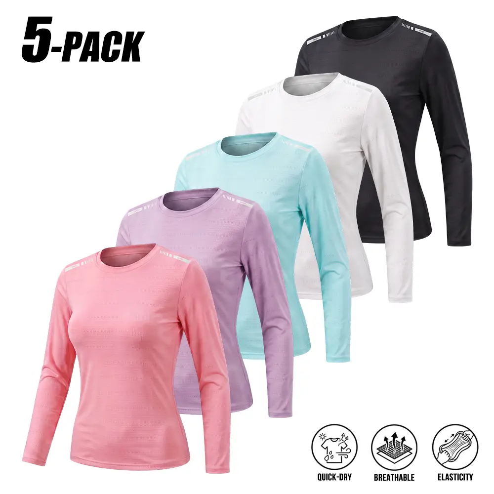 5-PACK Premium Solid Long Sleeve Active Garments, Air Permeable Technical Sport Cloth, Ideal Minimalist Athleisure Basic For Daily Walking And Multi-Scenario Daily Complete Value Pack