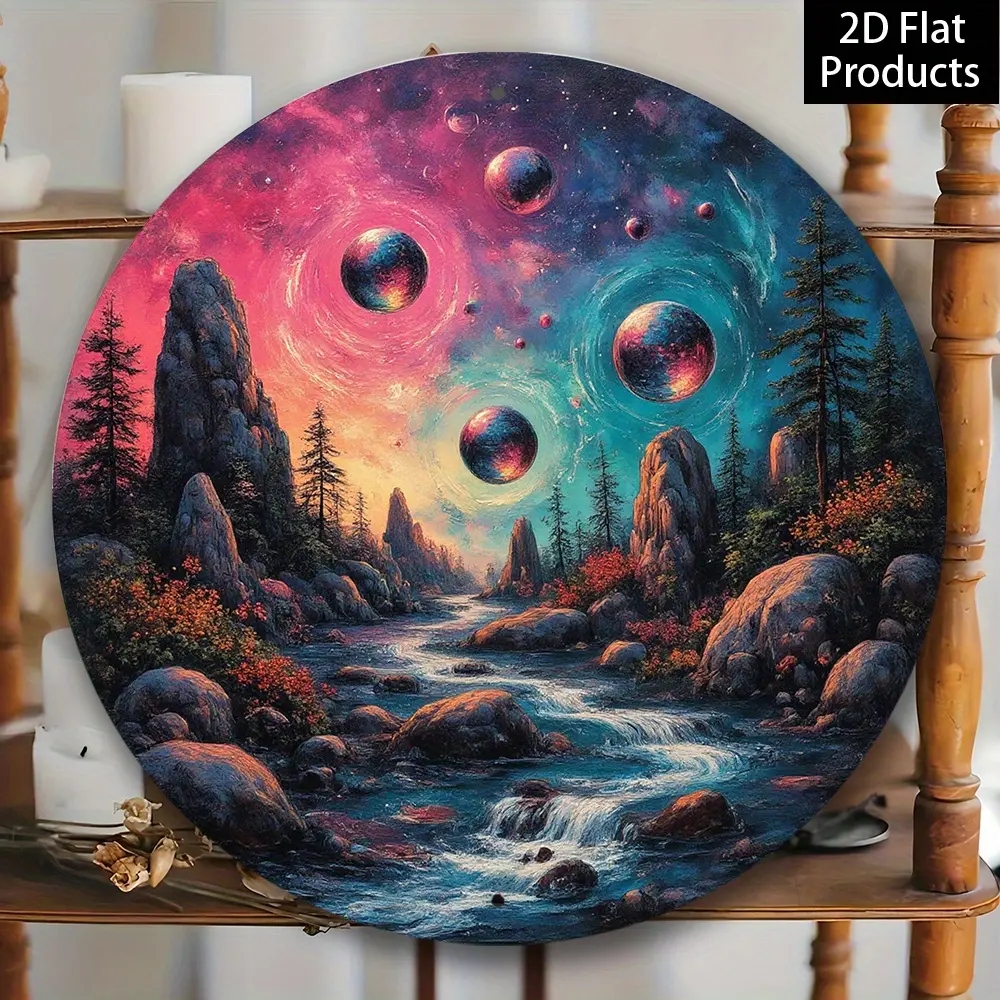 1piece Vintage Space Planet Landscape Round Wall Art - Galaxy Painting with Cosmic Planets in Purple, Blue, Pink, Orange, - Durable Aluminum Metal Decor for Living Room, Bedroom, Office,2D Flat,Wall decor,Posters