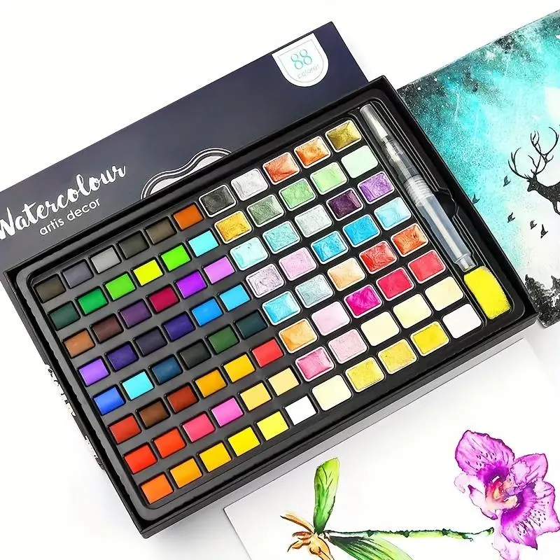 Watercolor Paint Set with Pearlescent Shades, Non Smudging Pigmented, 24/36/48/88 Colors Watercolor Paint Set with Brush & Portable Case, Ideal Gift for Creatives, Painting Set, Art Craft Supplies, Art Materials, Artist Supplies