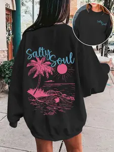 Women's Comfortable Casual Round Neck Long Sleeve Pullover Sweatshirt, Beach Sunset Print Graphic Elements, Loose Fit, Fall & Winter Fashion