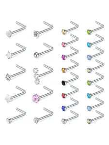 26-Piece Set Nose Rings for Women & Men, Hypoallergenic Stainless Steel Multi-Style Cubic Zirconia Nose Piercing Jewelry, 20g Size
