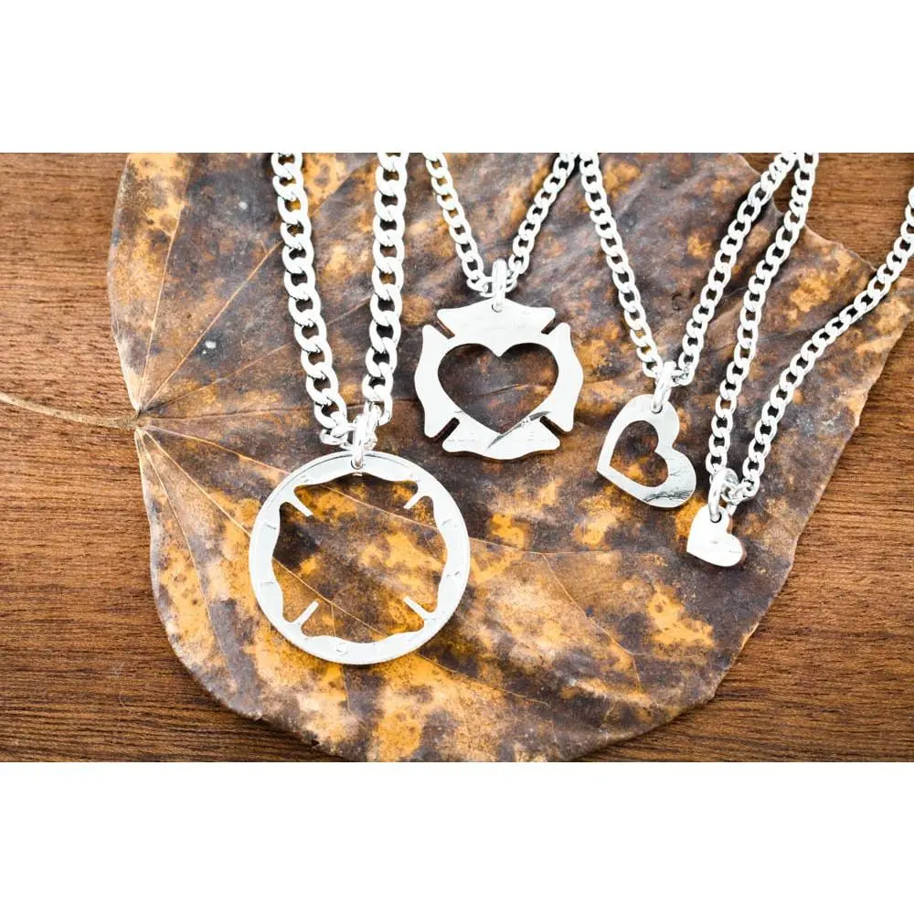 Firefighter Family Necklace Set, 4 Pieces Fireman Wife Heart Puzzle Jewelry, Future Fire Fighter Hand Cut Coin
