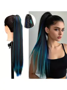 24 Inch Claw Clip Highlighted Ponytail Wig - Synthetic Hair Heat Resistant, Natural Looking Highlighted Color, Easy Wear for Daily Synthetic Hair Piece