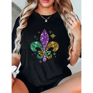 Women's Mardi Gras Glitter Fleur-de-Lis & Mask Stars Graphic T-Shirt, Casual Festival Party Top 100% Cotton T-shirt