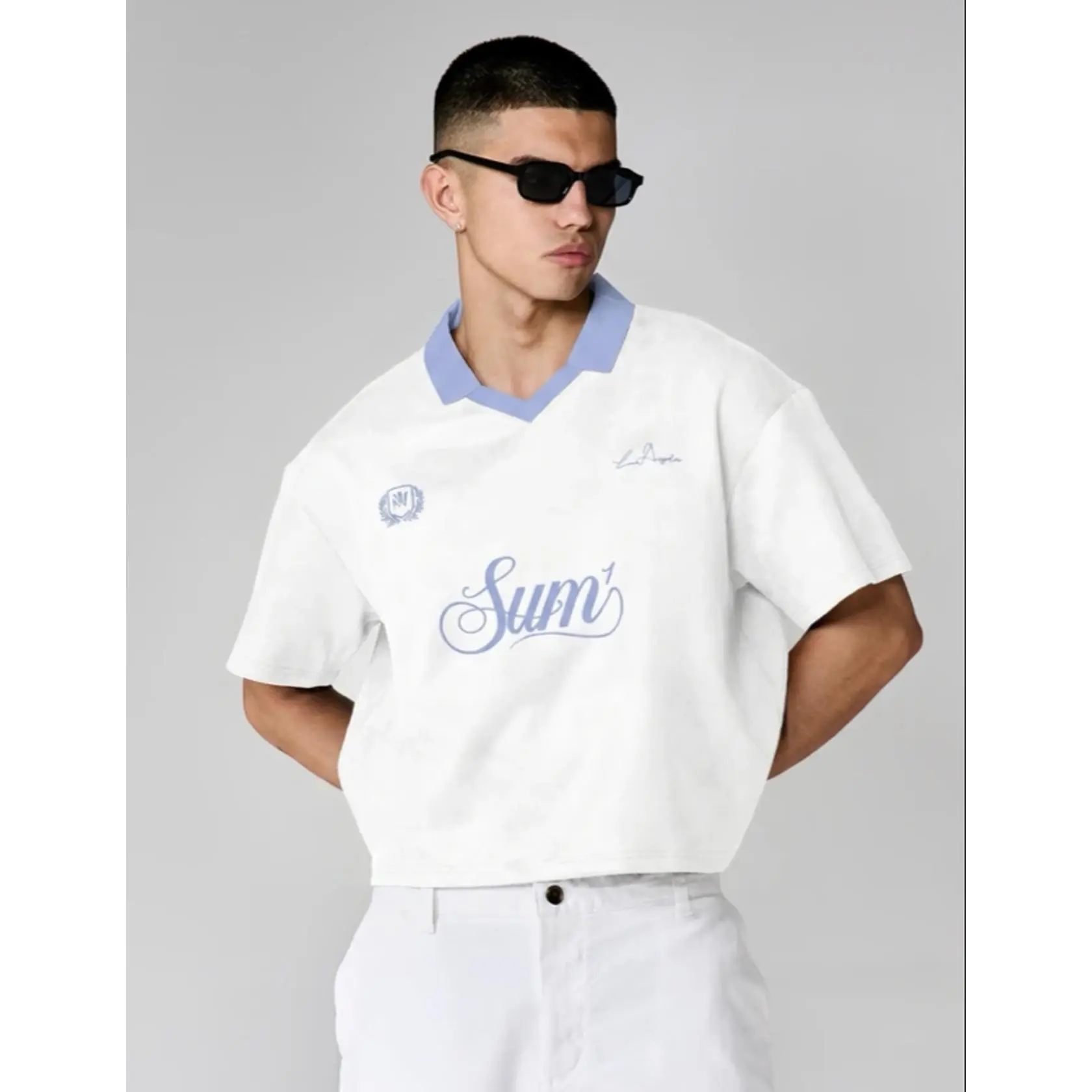 Casual Box Fit Polo Shirt with Embroidered Script Print V-Neck Contrast Collar Short Sleeve Summer Top for Men