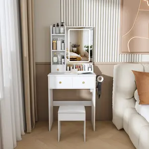 Modern Small Vanity Makeup Vanity Desk - 3-Mode LED Lighting with Adjustable Brightness, 3 Drawers, Multiple Open Storage Shelves, Hair Dryer Holder, Power Socket, and Dressing Chair