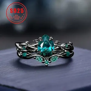 925 Sterling Silver Elegant Gothic Black Ring with Synthetic Jadeite Grape Pear Design, Birthstone, Christmas Theme, Suitable for Daily and Party Occasions, Seasonal Jewelry Gifts exquisite body jewelry popular woman friend bracelet mens family  friendly
