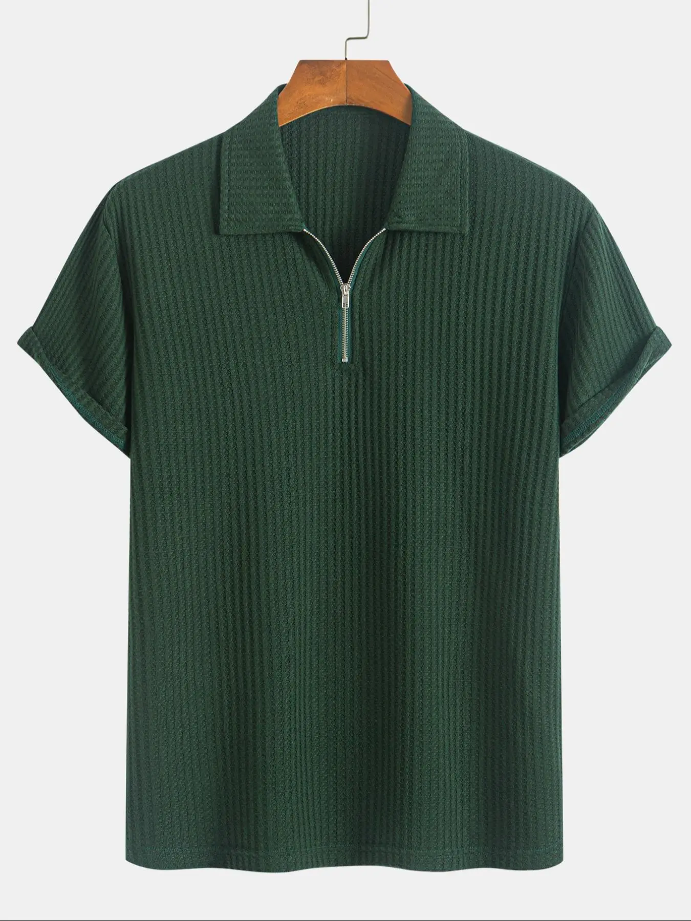Men's Fashionable Solid Ribbed Short Sleeve Knitted Polo Shirt, Regular Fit Casual Polo Shirts Breathable Comfy Top, Menswear Summer Clothes for Daily Wear