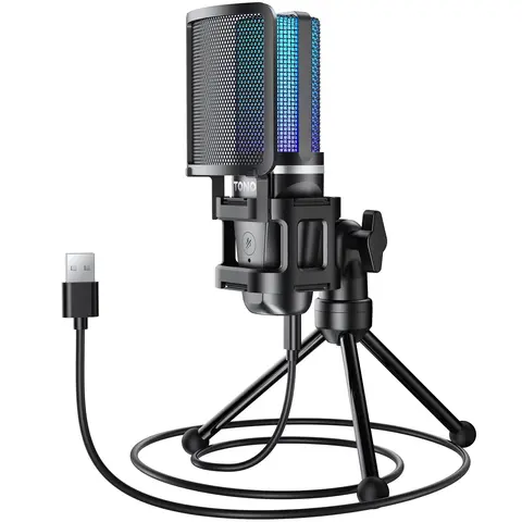 TONOR TC777Pro USB Plastic Microphone with Adjustable Foldable Tripod Stand, Pop Filter, Noise Reduction, Lights, Audio Cable, Plug, Control Button for Streaming, Podcasting, Windows Desktop Computers